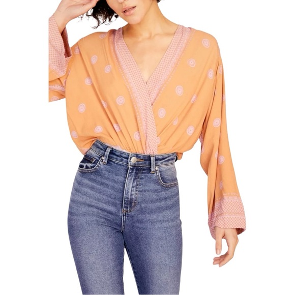 Free People Tops - Free People On Board Bodysuit Long Sleeve Open Back Deep V Neck Pink Combo M